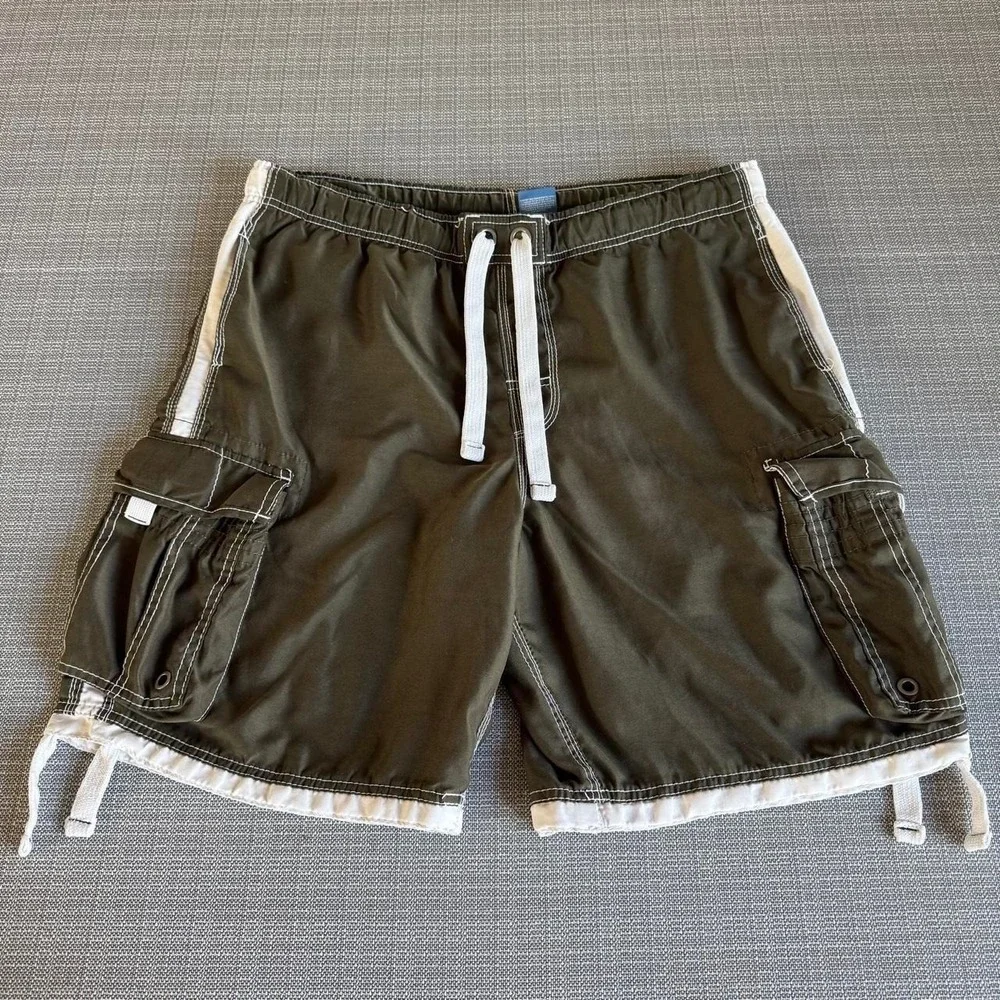 No Boundaries Y2K olive green dazzled polyester cargo swim trunks men's size M
